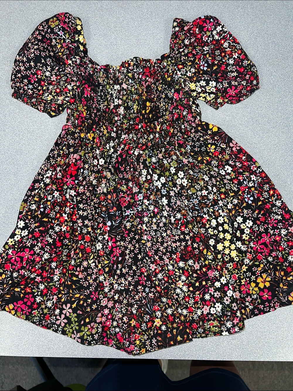 Baby GAP Black Floral Smocked Puff Sleeve Dress with Pink & Yellow Accents